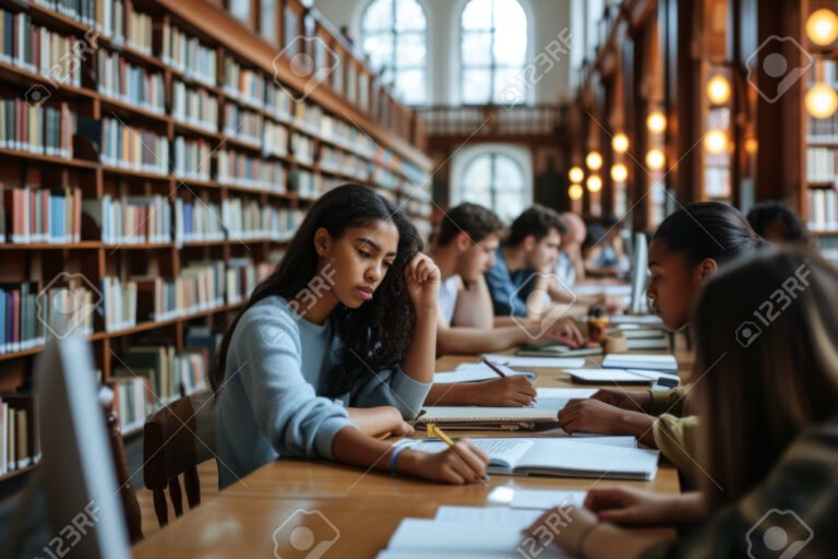 estudiante estudiando en una biblioteca tranquila