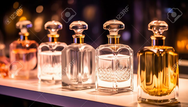 frascos de perfumes en una estanteria elegante