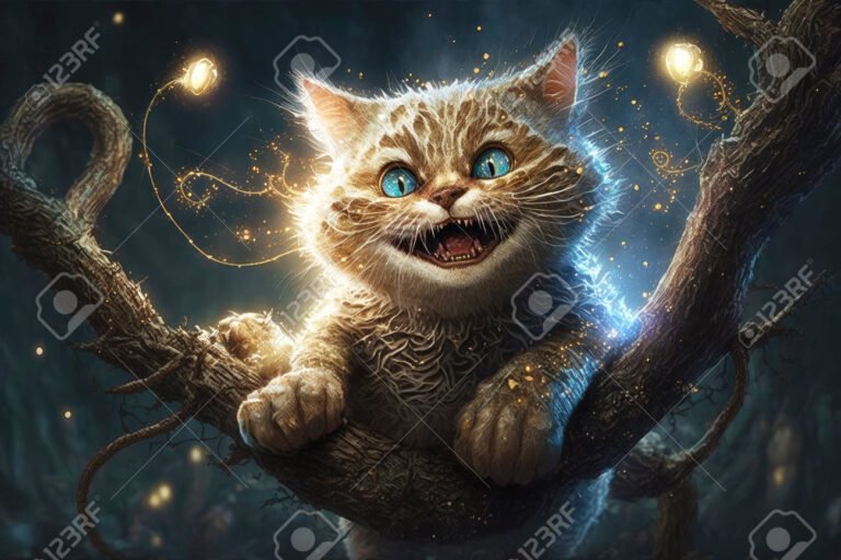 gato sonriente en un bosque magico