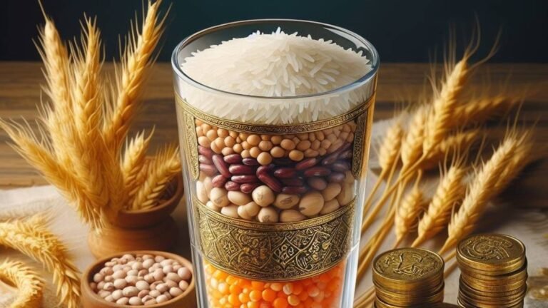 granos de arroz con monedas doradas