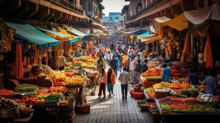 mercado vibrante con gente comprando