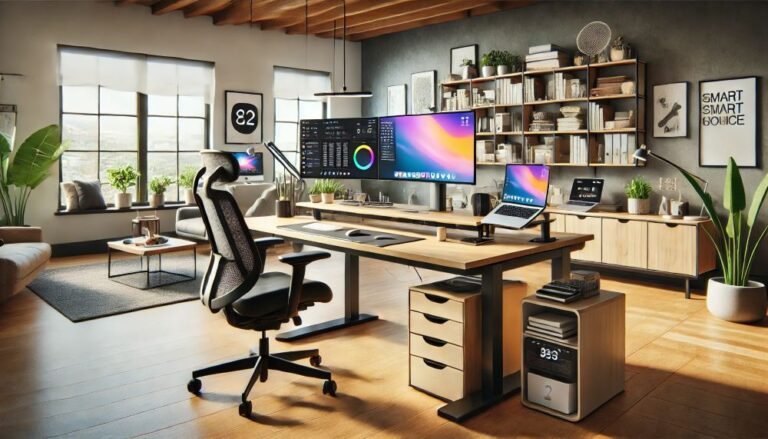 oficina moderna con computadoras y documentos digitales