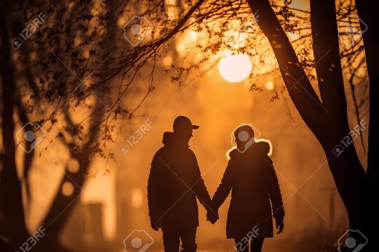 parque al atardecer con parejas caminando