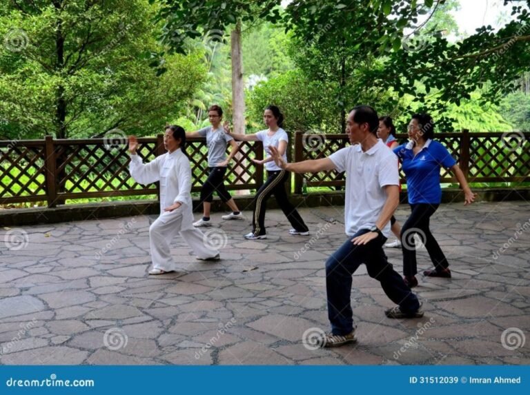 practicantes de tai chi en un parque