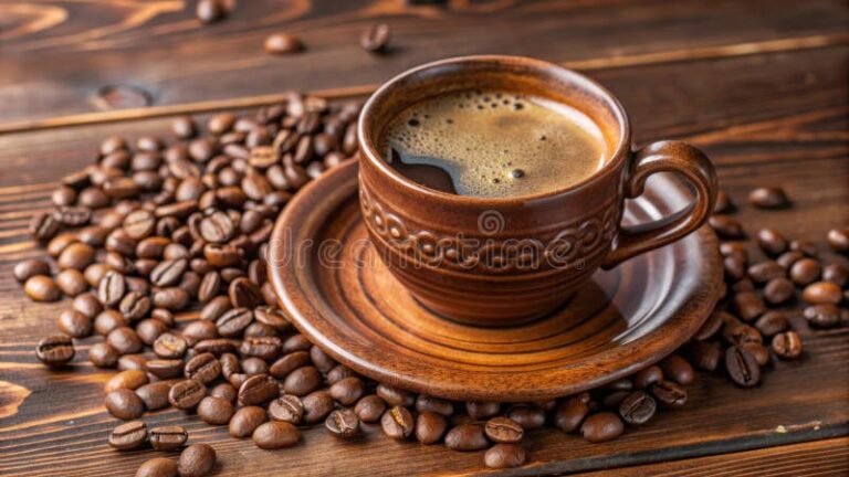 taza de cafe humeante en mesa