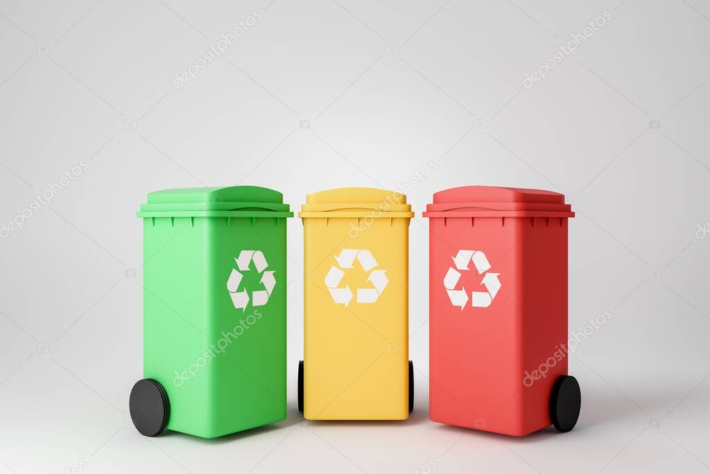 tres contenedores de reciclaje coloridos juntos